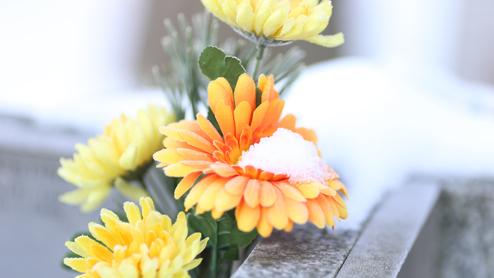 Künstliche gelbe und orangefarbene Blumen mit Schneeflocken auf einem steinernen Grabstein.